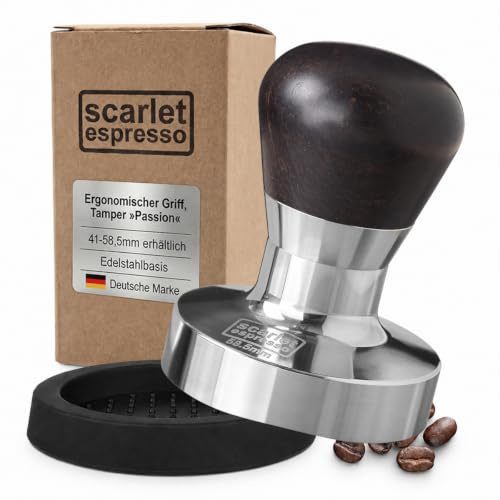 scarlet espresso | Tamper »Passion« für Barista; mit ergonomischem PVC- oder Edelholzgriff nach Wahl und Präzisions-Edelstahlbasis (Set 58,5 mm & Tamperablage)