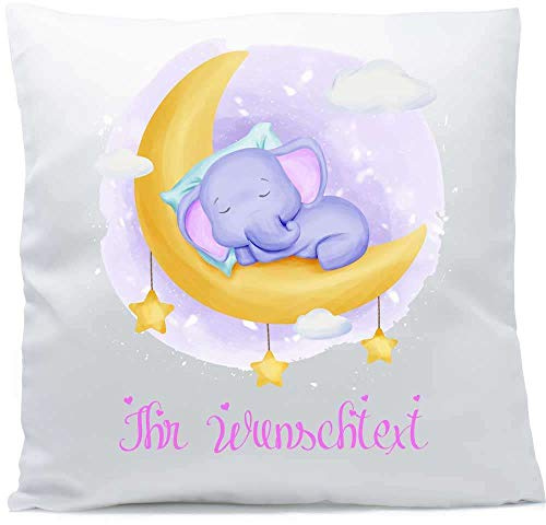 Kissen mit Namen Babyelefant flieder rosa liegend schlafend Mond Elefant Baby Wolke Stern 40x40 cm inkl. Füllung Kuschelkissen, Kissen Farbe:Vorderseite weiß/RS rosa
