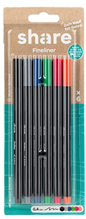 share Fineliner 6er Set – Fineliner Set spendet eine Unterrichtsstunde für ein Schulkind – Eco-Faserstifte mit Tinte auf Wasserbasis – Made in Germany