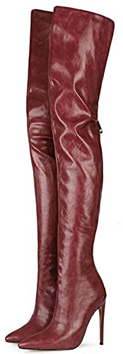 Vintage Bordeaux Sexy Stivali sopra Il Ginocchio Donna Tacchi Alti Donna Stivali Alti alla Coscia Autunno Inverno Stivali Lunghi Scarpe Taglie Forti 34-46