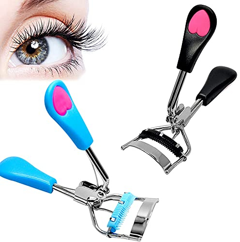2 Pcs Eyelash Curlers Eyelash Curler with Built-in Comb Stainless Steel Eyelash Comb Curlers Wide Angle Eyelash Comb Eye Makeup Toolset for Girls, Black,blue