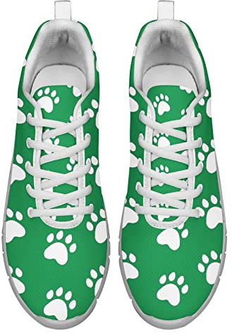 Dolyues Weiße Welpen Pfote Grüner Druck Damen Straßenlaufschuhe Atmungsaktive Leichte Turnschuhe zum Gehen Sportlich Lässige Fitness EU38