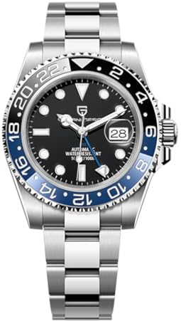 Pagani Design GMT Herren 40 mm Automatikuhr Saphirglas Edelstahl 100 Wasserbeständigkeit Analoguhr Mechanische Herrenuhren Geschenkuhr für Herren(Schwarz Blau)
