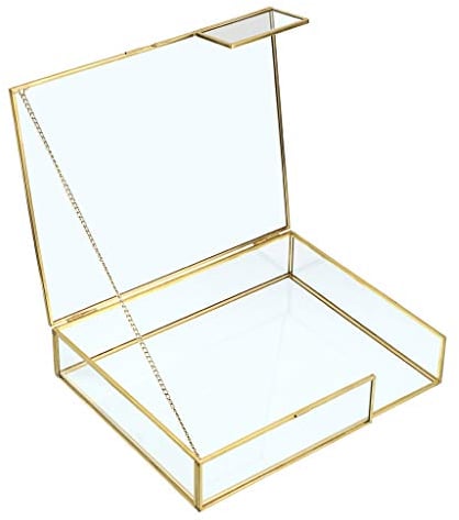 SUMNACON Vintage Schmuckbox aus Metall und Gehärtetes Glas Aufbewahrung für Fotos Postkarten und Kleine Notizbuch Deko für Wohn und Arbeitzimmer(Rechteck Golden 26x21cm)