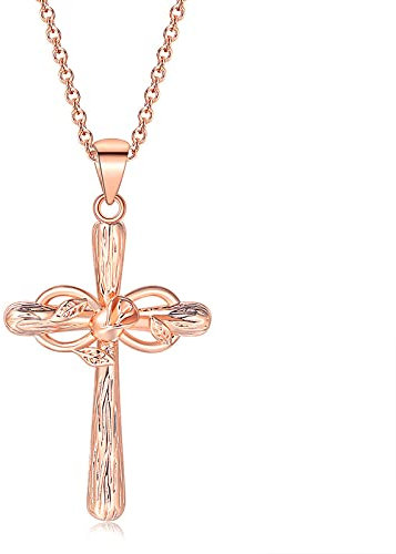 Dishowme Croix Infini Pendentif Collier Rose Fleur Chanceux 8 Crucifix Collier Chrétien Religieux Floral Chaîne Bijoux pour Femmes Filles (Or rose)