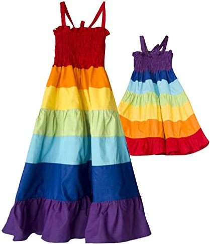 IMEKIS Mutter und Tochter Passendes Kleid Frauen Mädchen Off Shoulder Blumendruck Sommerkleid Familie Passendes Outfit Eltern Kind Lässig Langes Kleid Regenbogen 8-9 Jahre