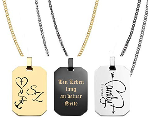 aplusashop Massiv ID Dog Tag mit Kette Edelstahl + Gravur nach Wunsch in 3 Farben Anhänger (Schwarz)