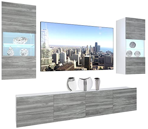 BELINI Wohnwand Vollausstattung Wohnzimmer-Set Moderne Schrankwand mit LED-Beleuchtung Anbauwand TV-Schrank Glamour Holz