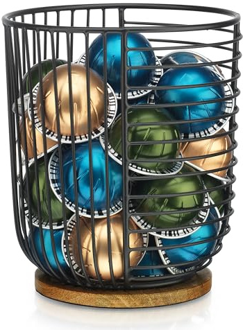 MosJos Coffee Pod Holder -Black Wire K Cup Storage with Wooden Base - Large Capacity Slim Design - Modern Coffee Basket Decor for Kitchen Countertop for Keurig Kcups & Espresso Capsules