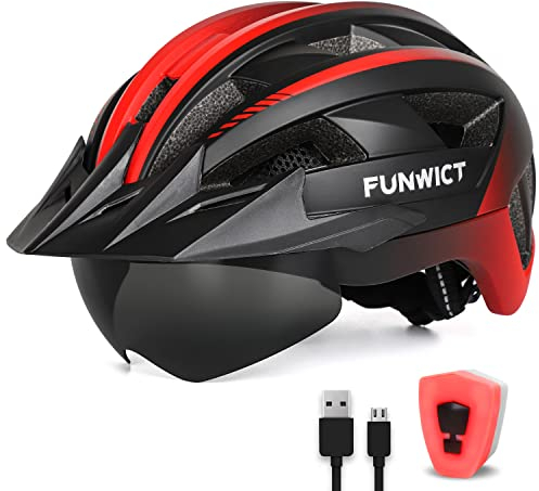 FUNWICT Fahrradhelm mit Visier für Herren Damen, Leichte Fahrradhelm mit Magnetischem Brille und USB-Aufladung LED Licht, Stylisch Mountainbike Helm Größe M/L/XL (L: 57-61 cm, Schwarz und Rot)