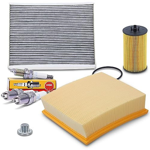 ATEC Germany Set di filtri con 1x filtro aria, 1x filtro abitacolo (filtro antipolline) con carbone attivo, 3x candela, 1x tappo di scarico olio con guarnizione Compatibile con OPEL CORSA D (S07)