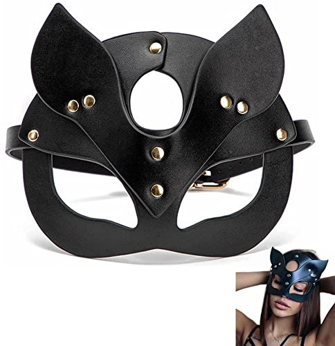 Kiwochy Katze Schwarze Maskerade Gesichtsmaske Damen Halbes Gesicht aus PU Leder für Karneval Mottoparty Kostüm Abschlussball Augenmaske