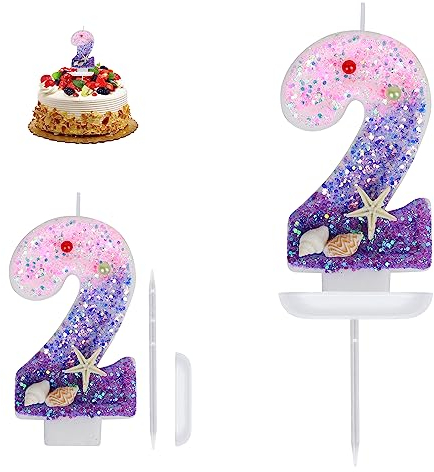 Yiran Pink Purple Birthday Candle,Mermaid Number 2 Candles, Sparkling Mermaid Happy Birthday Cake Topper,Happy Birthday Candles,Boy Girl Mermaid Ocean Themed 2 Birthday Party Supplies Decorations