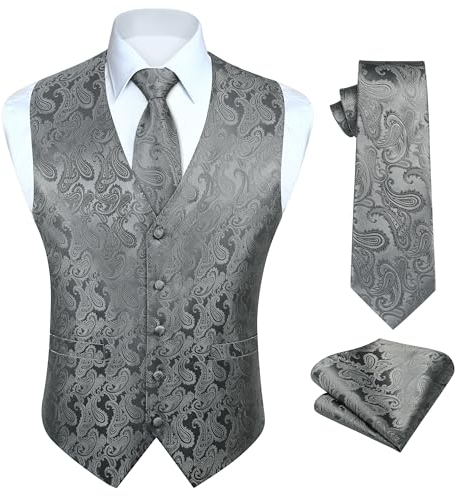 HISDERN Paisley Anzugweste Herren Grau Krawatte Einstecktuch Taschentuch Hochzeit Party Floral Jacquard Weste Herren Anzug Set L