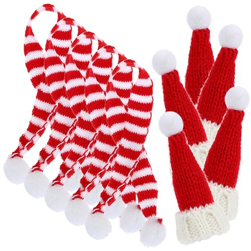 MAGICLULU 10-Teiliges Mini-Weihnachts-Strickmützen-Schal-Set Rot-Weiß Gestreift Weinflaschen-Schal Kleiner Weihnachtsmützen-Schal Zum Basteln Party Zuhause