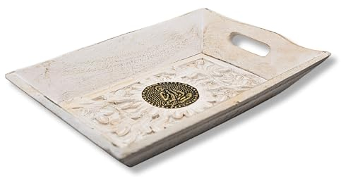 Diko.style® - Bandeja Vaciabolsillos Recibidor Madera Decorativa - Estilo oriental con budas decorativos, elefante suerte y más a elegir - Perfecta para Porta Chaves -24X15,5X4,6 cm (Buda Blanco)