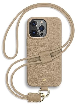 WIIUKA Hülle für iPhone 15 Pro Max, Leder aus Deutschland, Lederhülle Handykette, Premium Handyhülle, Case, Kette Band Umhängen, Beige