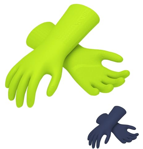Vgo... 2 pairs Heavy Duty Cleaning Gloves Lined Nylon, Household Gloves Reuseable in TPE Latex Free, Thicker Washing Up Gloves for Kitchen Bathroom Gardening Painting, with Flower Flavor