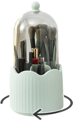 Terafeels Makeup Brush Holder with Lid 360 Rotating Cosmetic Organizer Acrylic Dust Free Waterproof Makeup Container Capacity Storage Box for Vanity Dressing Table Brush Display 7202, Green