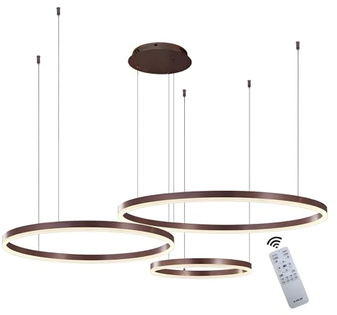 WayLuoung Metall LED Kronleuchter | 3 Kreise 40+60+80cm | 90W Rings Deckenhängelampe, Dimmbare Fernbedienung 3000–6000K, Acryl Schirm Pendelleuchte, Wohnzimmer Schlafzimmer Foyer Esszimmer【Braun】