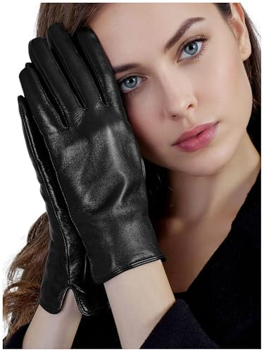 GSG SINCE 1998 Lederhandschuhe für Damen aus Chromfreiem Schaffell – Gefüttert mit Fleecegefüttert, Touchscreen-tauglich und Ideal zum Autofahren Schwarz M