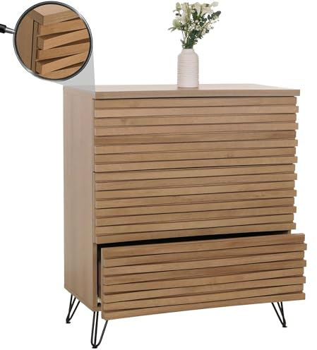 Mendler Kommode HWC-M49 94x80x45cm MDF - Natur | Sideboard, Schrank, Highboard, 3D-Design, 3 Schubladen, Metall
