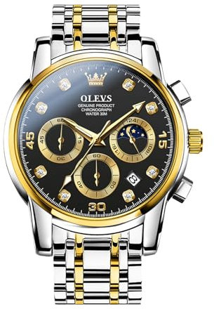OLEVS Watches for Men Schwarz Chronograph Mondphasen Uhr für Herren Gold Silber Edelstahlband Mode Freizeit Diamant Herrenuhren Arabische Ziffern Wasserdicht Leuchtend Analoger Quarz Uhren Herren