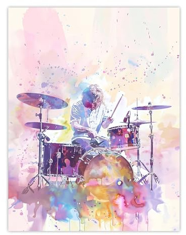 Artery8 Regenbogen Modernes Aquarell Portrait Schlagzeuger Schlagzeug Ungerahmter Druck 30x40 cm