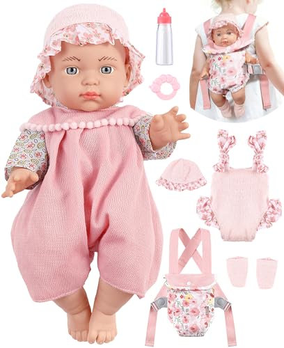 GAGAKU Poupée de 30 cm pour fille, accessoires de transport, Reborn Baby Dolls avec porte-bébé, biberons, tétine, anneau de dentition, chaussettes, bonnet, ensemble de vêtements pour les tout-petits à