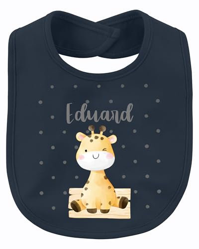 Baby Lätzchen personalisiert Geschenk mit Namen | Giraffe Punkte Junge | Geschenkidee Geburt Sabberlätzchen mit Wunschname | Nachhaltiges Babylätzchen aus Bio-Baumwolle (Navy)