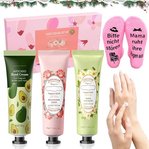 SOETDERT Geschenke für Frauen, Weihnachtsgeschenke Set 3 Weihnachten Handcreme und Kuschelsocken Damen, Handcreme Set Geschenkset für Freundin Mama Geburtstags Jahrestag Valentinstag