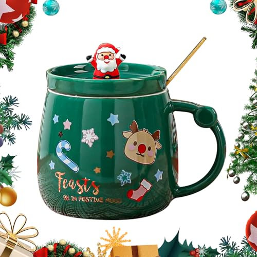 Tasse de Noël en céramique avec couvercle et cuillère mélangeuse, motif flocons de neige, rennes et Père Noël, 400 ml, tasse à café de vacances avec mini figurine (C)