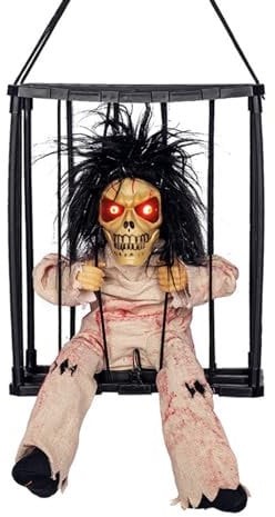 Schreiende Animierte Halloween Dekorationen mit Bewegungsmelder, Gruseligen Geräuschen und Leuchtenden Augen, Gruseliger Totenkopfkäfig, Gefangene Spukhaus Deko Requisiten (Style C)