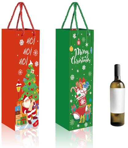 Sacchetti regalo per bottiglie di Natale, confezione multipla, 12 confezioni con manico, sacchetti per bottiglie di vino rosso, whisky, champagne (rosso e verde)