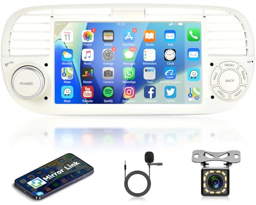 Rimoody Android 13 Radio de Coche para Fiat 500 2007-2015, 7 Pulgadas Pantalla Táctil Radio de Coche con Mirror Link GPS WiFi FM/RDS/EQ/DVR/Dab+/OBD2 Bluetooth Control del Volante Cámara Trasera