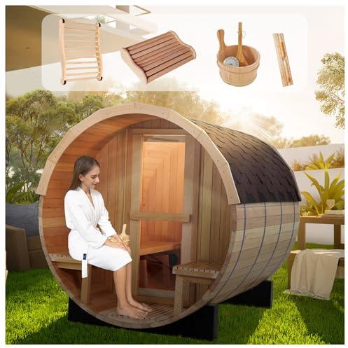 AMOCANE 6-8 Person Outdoor Barrel Sauna with Porch, Low EMF Hemlock Wooden Saunas Room 220V/6KW Electric Heater, Traditional Steam Spa with Shingle Roof, Bucket for Relaxation & Detox (71x94x71)