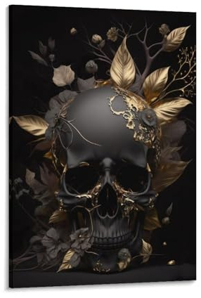 LMYmoney Schwarzer Totenkopf, goldene Blumen, Leinwandbilder für die Wand, 3D-Wandkunst für moderne Heimdekoration, 60 x 90 cm