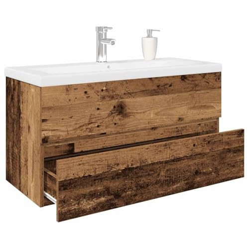qohoio 3328935 - Mueble de lavabo con lavabo integrado y grifo, mueble de madera antigua mate para guardarropa, baño, montaje en pared