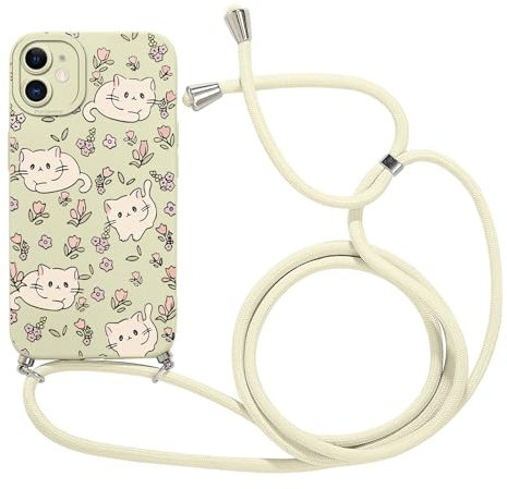 Saqmkil Handykette Handyhülle für iPhone 12 6,1 Hülle mit Band, Aesthetic Muster Cute Katze Blumen Mädchen Case mit Kordel zum Umhängen, Weiche Silikon TPU Stoßfest Schutzhülle Cover, Beige