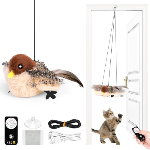 Starnearby Katzenspielzeug Vogel Fliegender Vogel Katzenspielzeug Elektrisch mit Fernbedienung 3 Modi Vogelspielzeug für Katzen Flappy Bird Cat Toy mit Katzenminze, Saugnapf, Seil (Spatz)