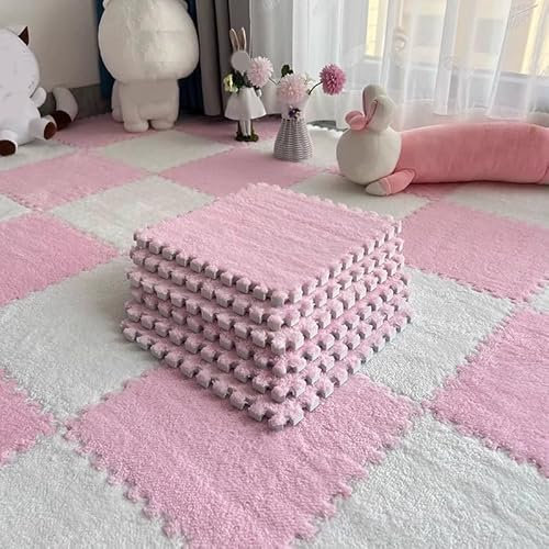 ouxei 50 Pcs 12x12 Inch 0.4 Inch Thick Interlocking Plush EVA Foam Carpet Tiles For Home(Pink White)
