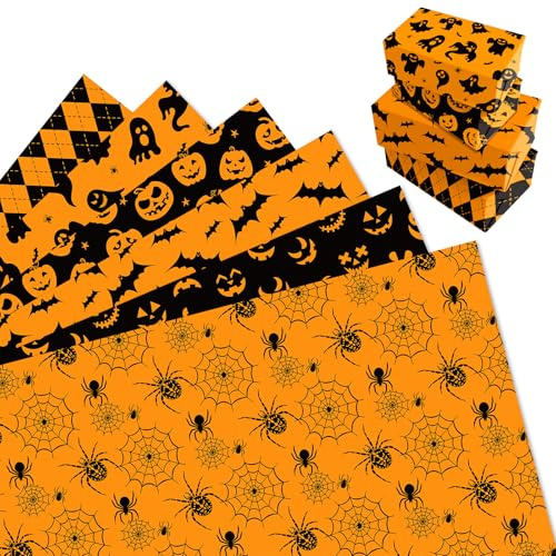 MORAINJAY 12 Bögen Halloween Geschenkpapier Schwarz Orange, Kürbis Spinnennetz Geschenkpapier, für Kinder Geburtstag Süßes Saures Party, 68 x 50 cm