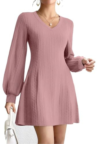 Zeagoo Women's Autumn Dresses Long Sleeve V Neck Tunic Dress Elegant Lantern Sleeve Jumper Dress Pink XL