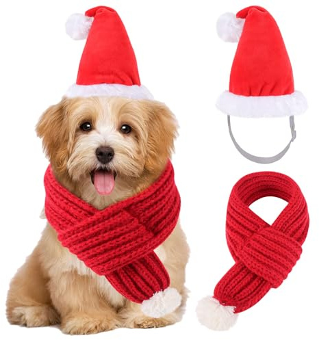 QKURT Weihnachtsset für Haustiere, 3D Weihnachtsmütze und Strickschal, Verstellbares Weihnachtskostüm für Hunde und Katzen in Klein, Mittel und Groß