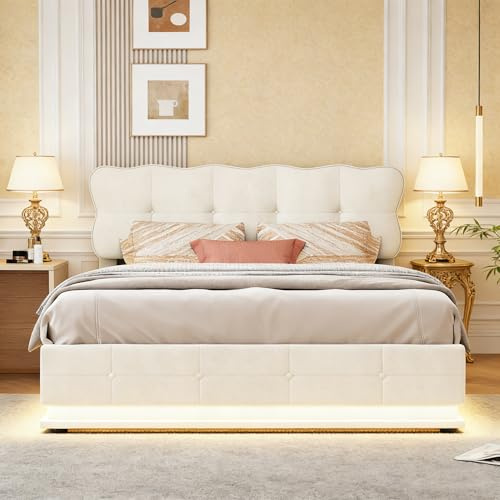 Doppelbett 160x200, Bett mit Hydraulischem Stauraum, Polsterbett mit LED-Beleuchtung, Jugendbett Funktionsbett, Gestepptes Kopfteil, Boxspringbett Bettgestell mit Lattenrost, Samt, Ohne Matratze