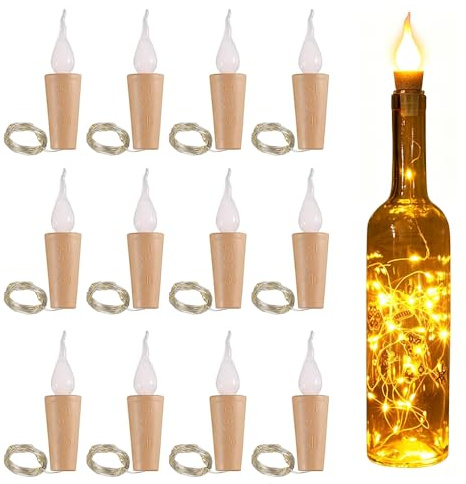 Nzkeuf 12 Stück Flaschenlichterkette Korken mit Flammenform, 20M LEDs | Lichterkette für Flaschen, Lichterkette Flaschenkorken mit Batterie, LED Flaschenlicht für Party, Hochzeit, Weihnachten Deko