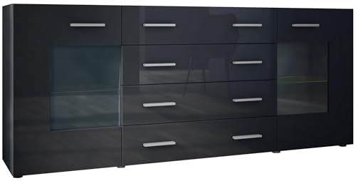 Vladon Sideboard Kommode Grömitz V2, Made in Germany, Korpus in Schwarz matt/Front in Schwarz Hochglanz (166 x 72 x 35)