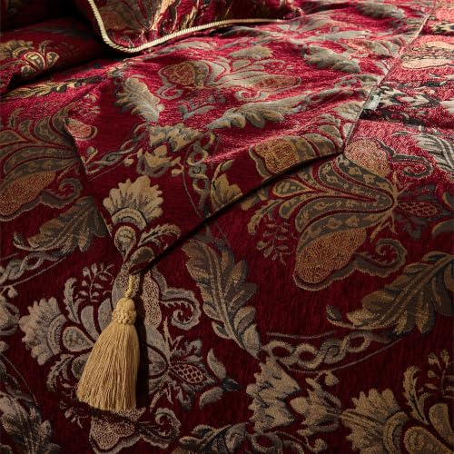 Shiraz Table Runner - Burgundy Red and Gold - Embroidered Damask Jacquard - Non Slip Lining - Tasselled - 100% Polyester - 33 x 230cm (13 x 91 inches) - Made by Riva Paoletti - Designed in the UK