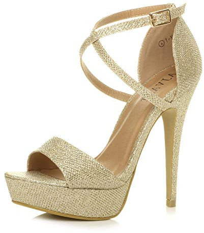 Ajvani Womens Ladies mid high Heel Mary Jane Strap Evening Court Shoes Pumps, Gold Gold Shimmer, 4 UK