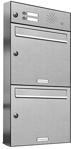 AL Briefkastensysteme 2er Briefkastenanlage mit Klingel, Edelstahl, Premium Doppel-Briefkasten DIN A4, 2 Fach Postkasten modern Aufputz